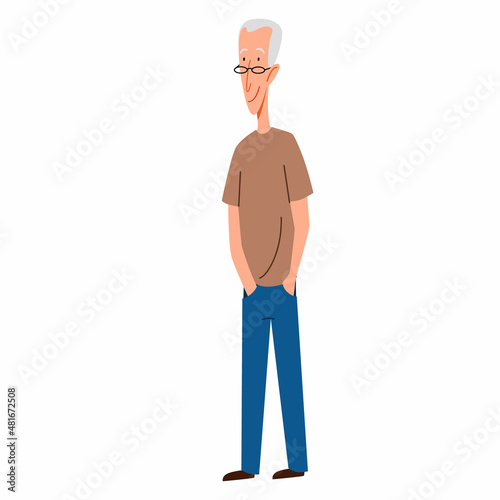 A gray-haired thin man with his hands in his pockets. Vector illustration in a flat cartoon style.