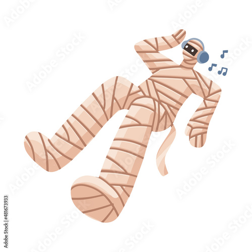 Cool Egyptian mummy monster listening music to headphones. Isolated Flat hand drawn vector illustration