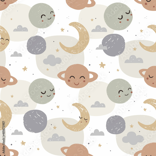 Vector hand-drawn seamless pattern. Print design for children's textiles. Cartoon planets, stars. Starry sky and space. Pastel colors and texture. Decoration for the nursery in the Scandinavian style