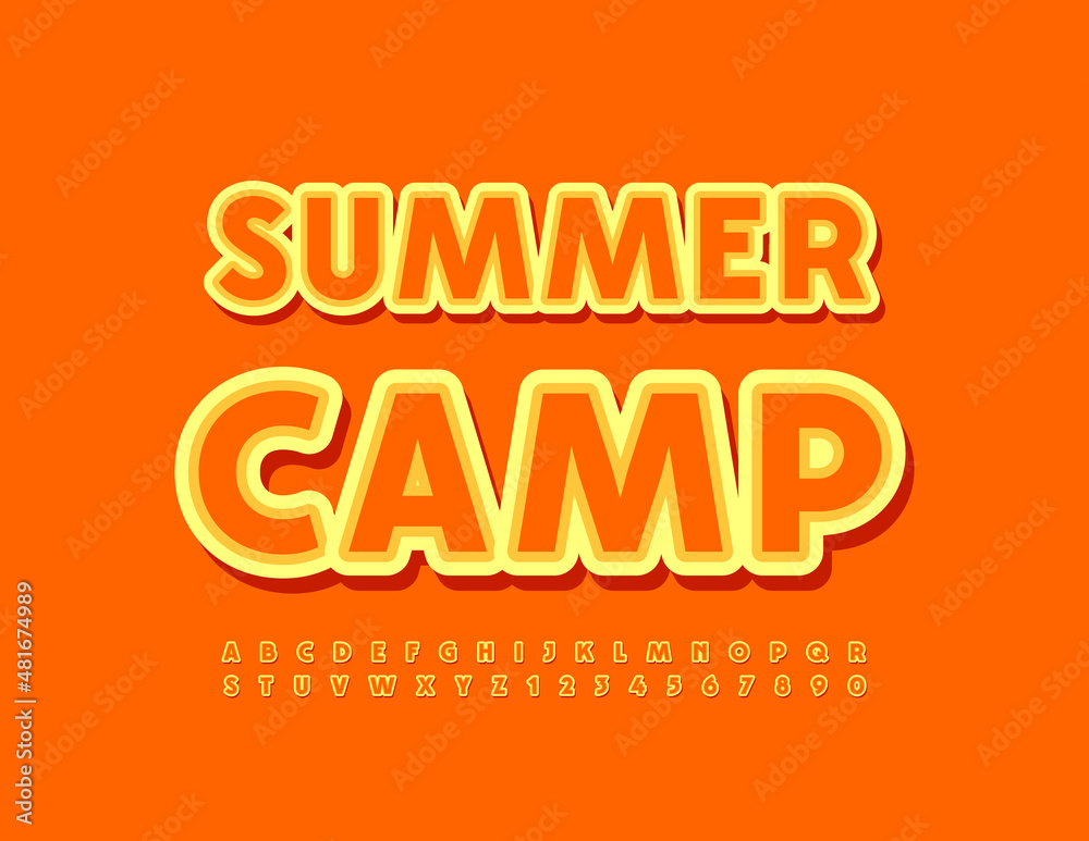 Vector sunny emblem Summer Camp. Sticker Alphabet Letters and Numbers set. Bright creative Font