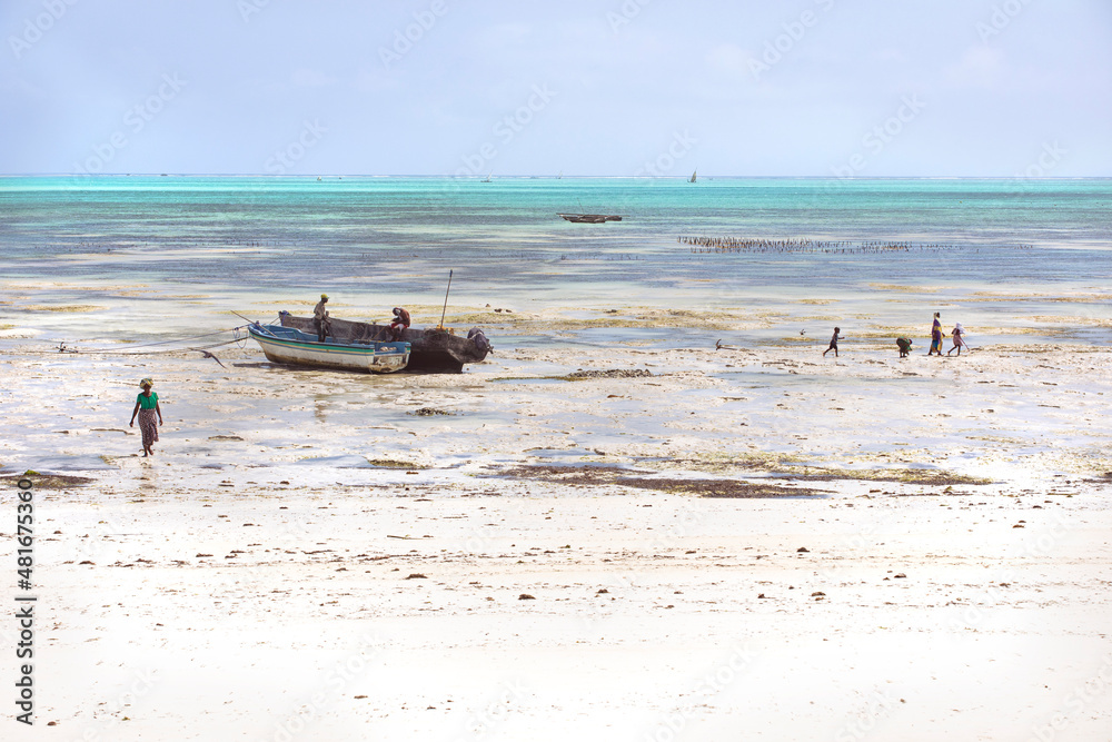 Jambiani, Zanzibar beach by the low tide. Beautiful tropical landscape.