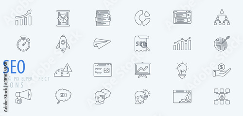 SEO Search Engine Optimization web icon for the report, analytics, data, marketing, idea, stats. Vector Outline Icons