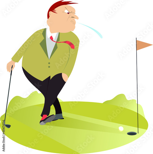 Upset golfer on the golf course illustration. 
Bad kick. Cartoon angry golfer man spitting to the golf flag 

