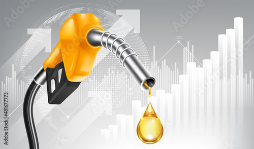 Photo Oil price rising concept Gasoline yellow fuel pump nozzle isolated with drop oil