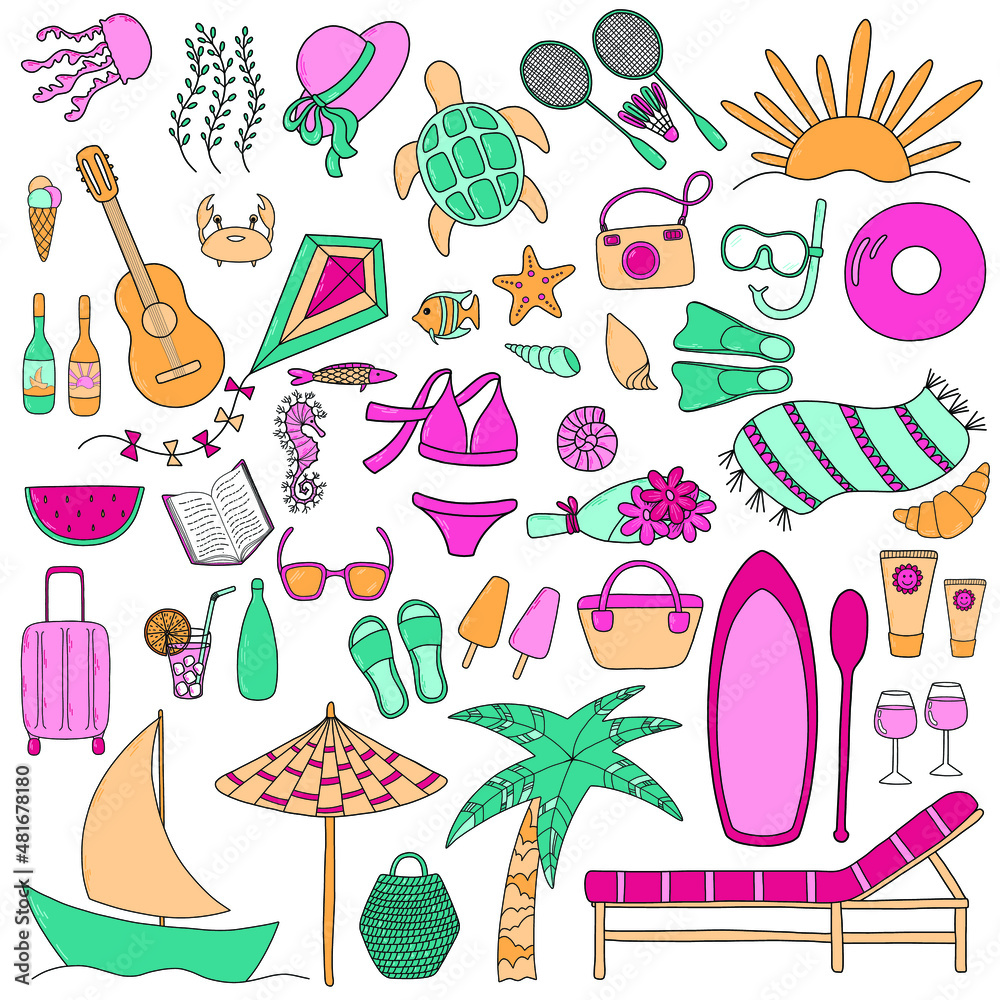 Vector beach set with 45 isolated elements in pink, emerald and yellow colors for icons, stickers, patterns, your design. Illustration on the summer vacation topic: jellyfish, seaweed, hat, badminton