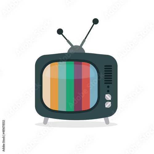 Cartoon retro color noise tv icon. Broken television with bent antenna isolated on white background.
