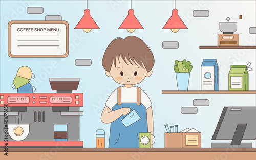 Cute barista boy character making coffee illustration. part-time waiter in the interior of a coffee shop - coffee grinder, coffee machine, kettle. Beverage and breakfast cafe background. Vector cafe.