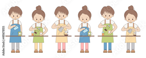 Male and female characters make coffee. Set of cute boys and girls waiters, bartenders and a barista in aprons with a kettle. Vector kawaii illustrations.