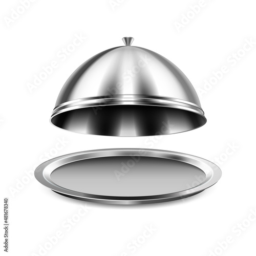 restaurant cloche food plate. metal tray dish. silver platter cover cap 3d realistic vector photo