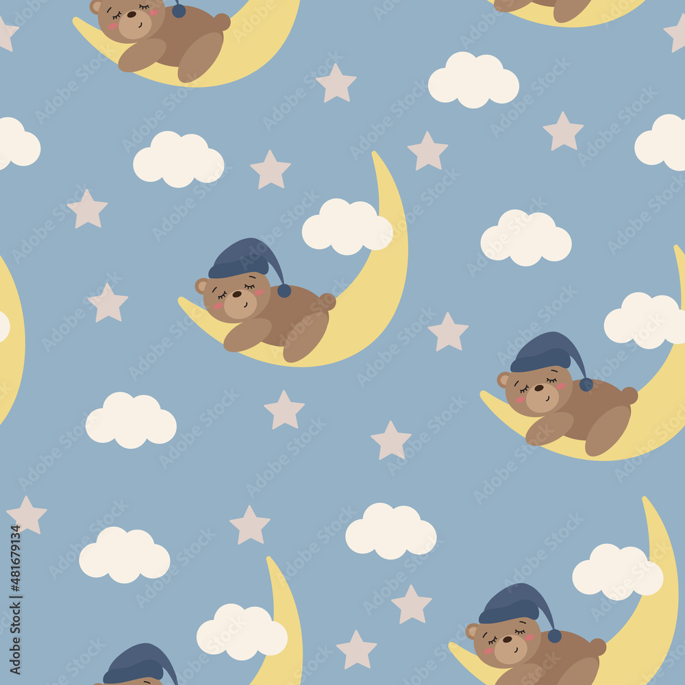 seamless pattern with cute sleeping bear cub on the moon with night ...
