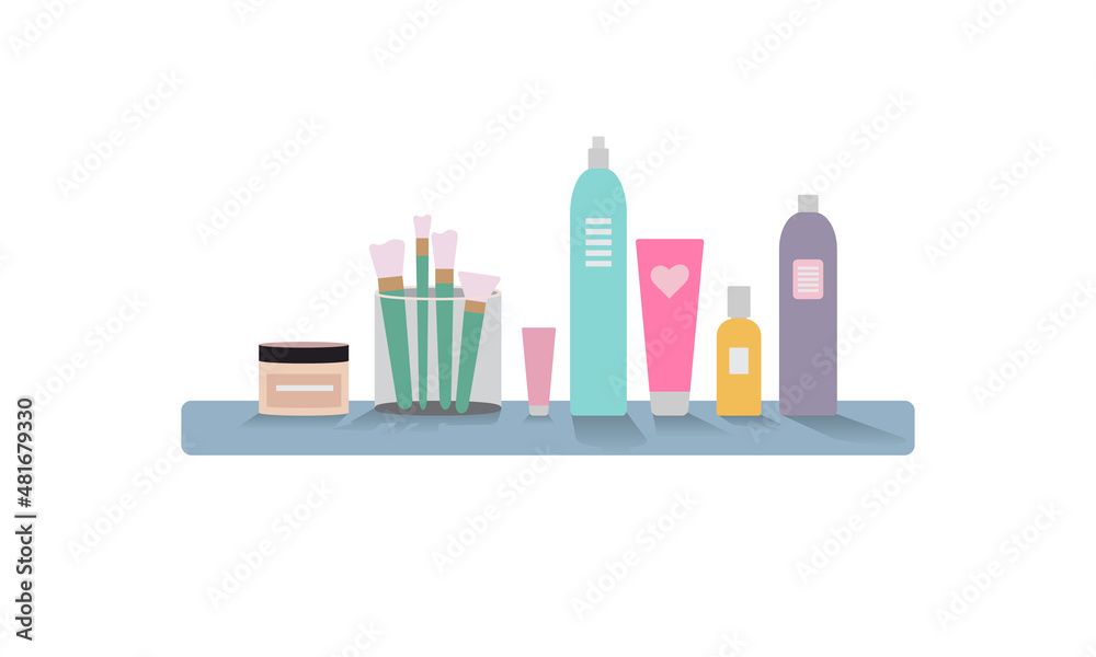vector illustration set of caring cosmetics on a shelf on a white isolated background. vector flat illustration of beauty and care concept. Cream tubes, makeup brushes. For spa treatments vector illustration set of caring cosmetics on a shelf on a white isolated background. vector flat illustration of beauty and care concept. Cream tubes, makeup brushes. For spa treatments