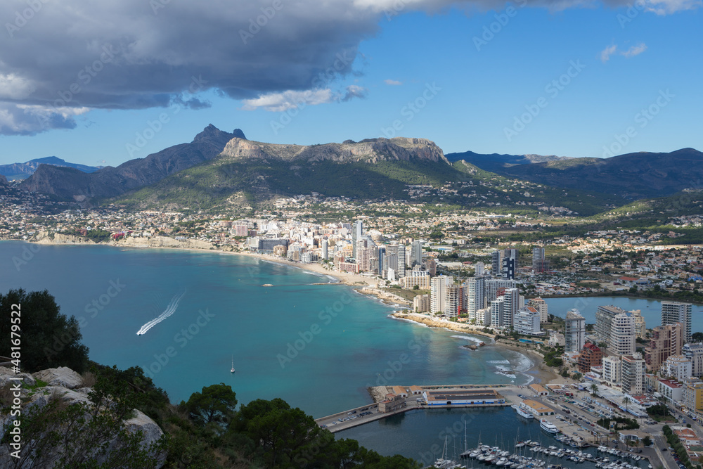view form the summit of the Ifach mountain towards the coastal city of Calpe and the Mediterranean sea