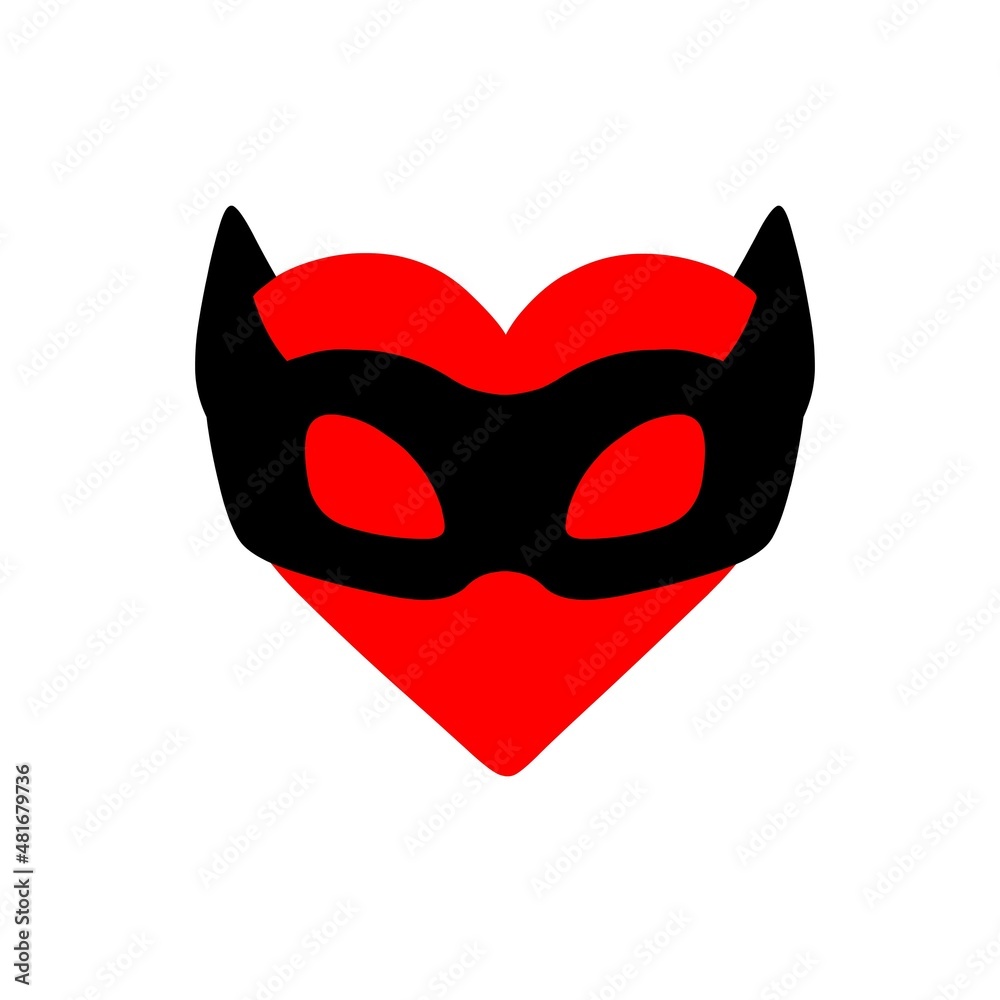 Cartoon heart in a BDSM mask. Template for erotic content. Vector illustration isolated on a white background. Print, poster, t-shirt, card. Cartoon heart in a BDSM mask. Template for erotic content. Vector illustration isolated on a white background. Print, poster, t-shirt, card.