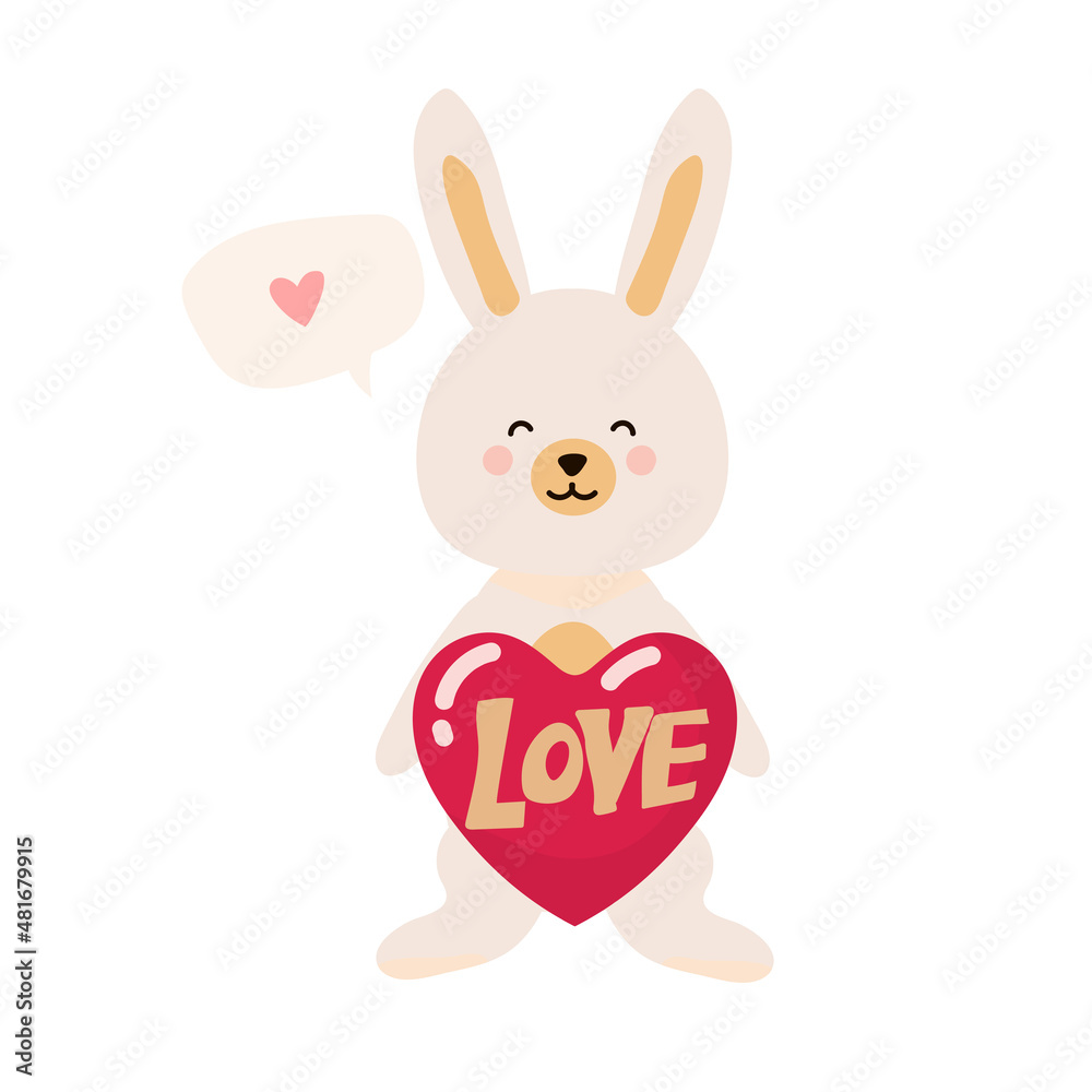 Cute bunny with heart isolated on white. Childish print for apparel, nursery, cards,posters. Vector Illustration on white background. Valentine's day Cute bunny with heart isolated on white. Childish print for apparel, nursery, cards,posters. Vector Illustration on white background. Valentine's day