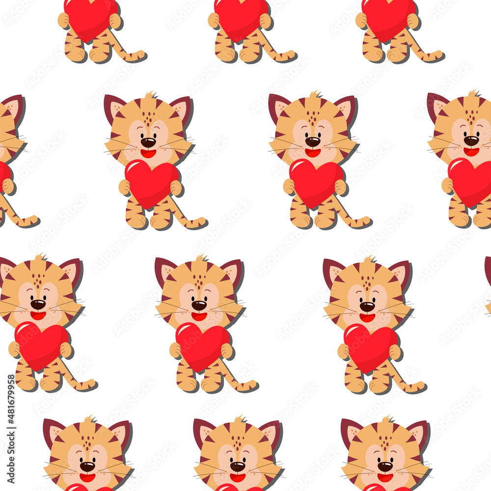 A tiger with a red heart. style. Simple seamless pattern. A tiger with a red heart. style. Simple seamless pattern.