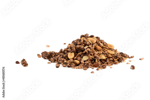 A bunch of muesli with chocolate and almonds on a white background.