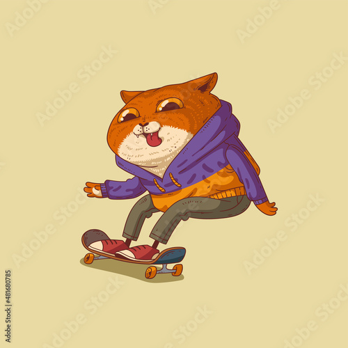 Funny cat skateboarder. Vector illustration. Enthusiastic trendy dressed anthropomorphic cat, riding a skateboard with his tongue hanging out. Animal character with human body. Furry skater.