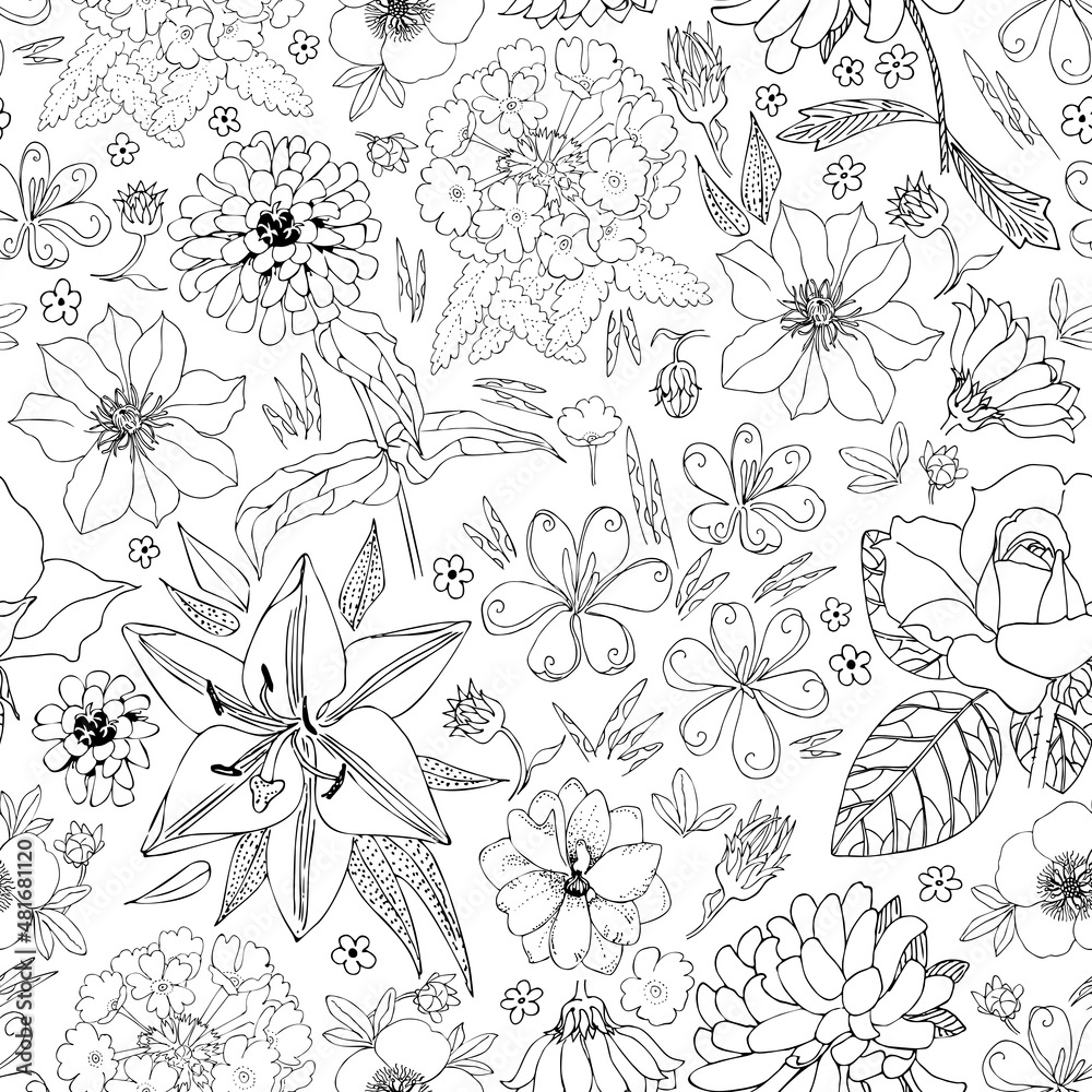 Floral seamless pattern with different hand drawn flowers and leaves. Black and white vector illustration. Floral seamless pattern with different hand drawn flowers and leaves. Black and white vector illustration.