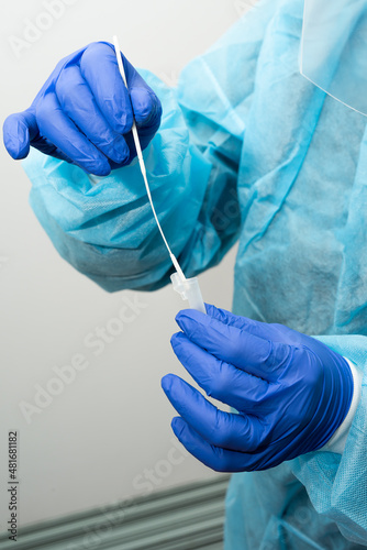 Doctor's hands with gloves taking an antigen test sample. Saintly concept.