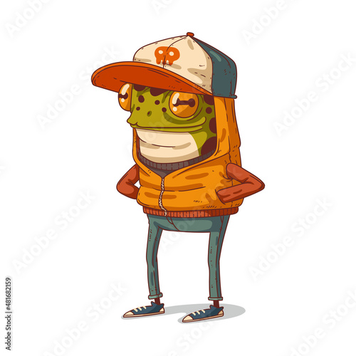 Cool humanized frog dude, isolated vector illustration. Calm anthropomorphic frog wearing a street style outfit, standing still with his hands in pockets. Animal character with human body. Furry dude.
