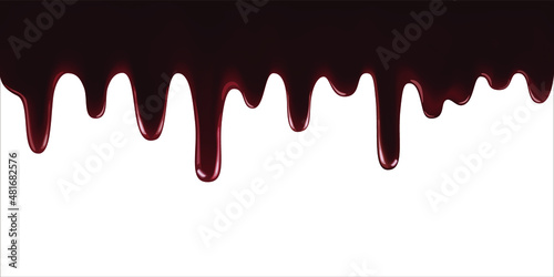 Realistic vector illustration of melted chocolate syrup leaking isolated on white background. Flows of liquid chocolate.
