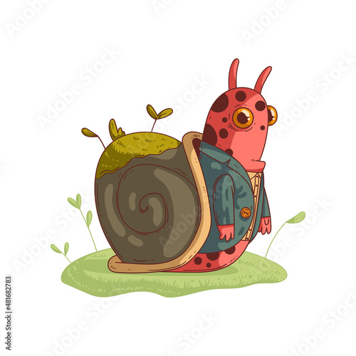 Isolated cartoon snail, vector illustration. Calm humanized garden snail with grassy shell wearing a jacket. Anthropomorphic snail. Funny escargot.