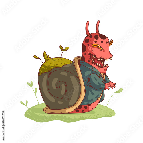 Isolated cartoon snail, vector illustration. Laughing humanized garden snail with grassy shell wearing a jacket. Anthropomorphic snail. Malicious evil snail. Funny escargot.