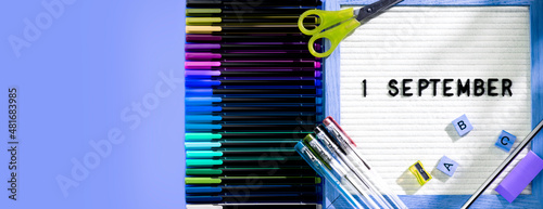 Obraz na płótnie Banner of letter board with school supplies as pens, scissors, ABC, paints w salonie
