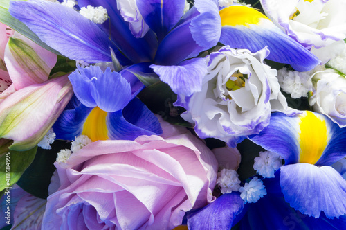 Fototapeta Naklejka Na Ścianę i Meble -  Fresh flower bouquet with blue irises, white and pink roses and lily, floral background