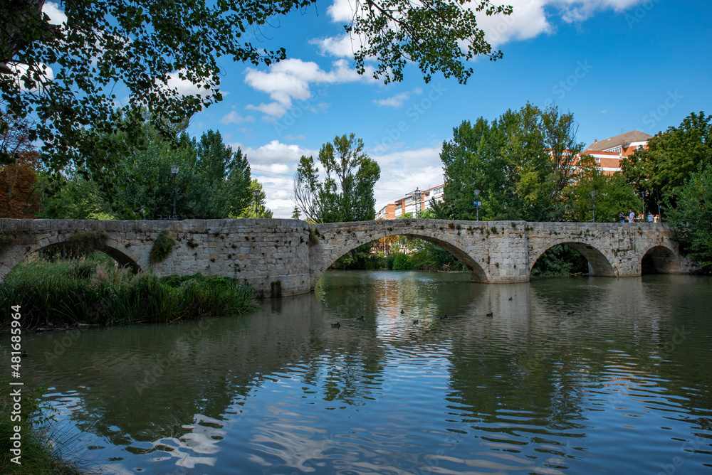 ashlar stone medieval bridge in Palencia, Spain