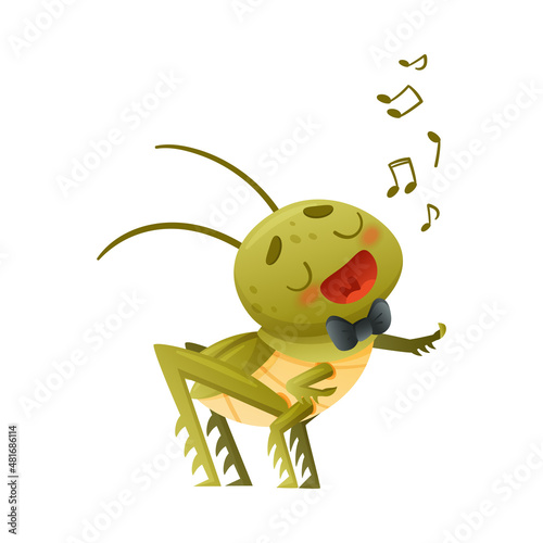 Cute green grasshopper in black bow tie singing song. Funny baby insect mascot cartoon character vector illustration