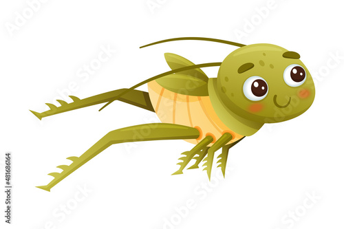 Cute green grasshopper jumping. Funny baby insect mascot cartoon character vector illustration
