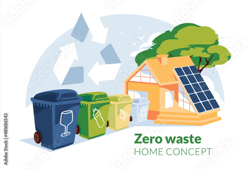 zero waste house concept. Green energy and recycling. Garbage sorting. Solar panel on the house roof. Flat vector illustration