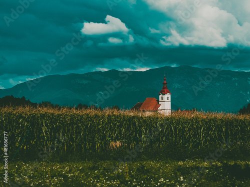 small church behind a corn field