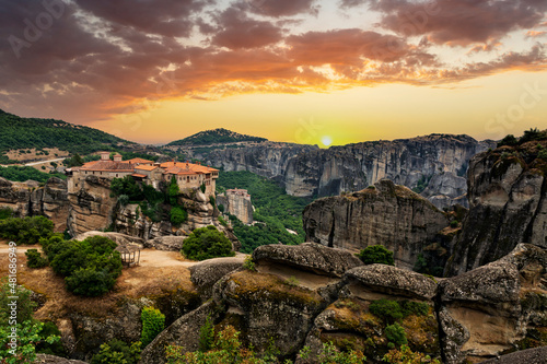 Meteora, Greece with the beautiful rock formations and a magical sunrise