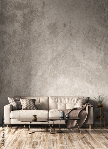 Fototapeta Naklejka Na Ścianę i Meble -  Interior design of modern room, beige sofa in living room, concrete stucco mock up wall, home design 3d rendering