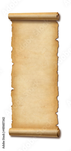 Old paper vertical banner. Parchment scroll isolated on white with shadow