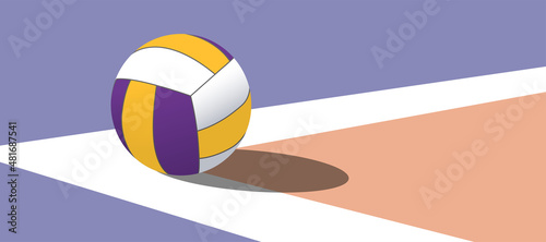 Volleyball court and net visible from the hill angle, volleyball ball standing on the line