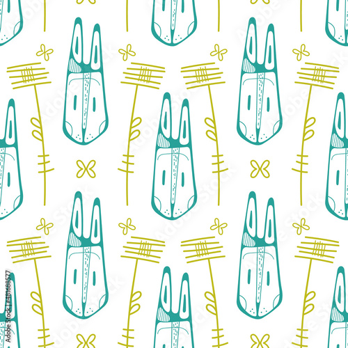 Seamless pattern with cute bunnies, butterflies and flowers in simple flat style. Cute rabbits in doodle style. Print for textiles, wrapping paper, wallpaper. photo
