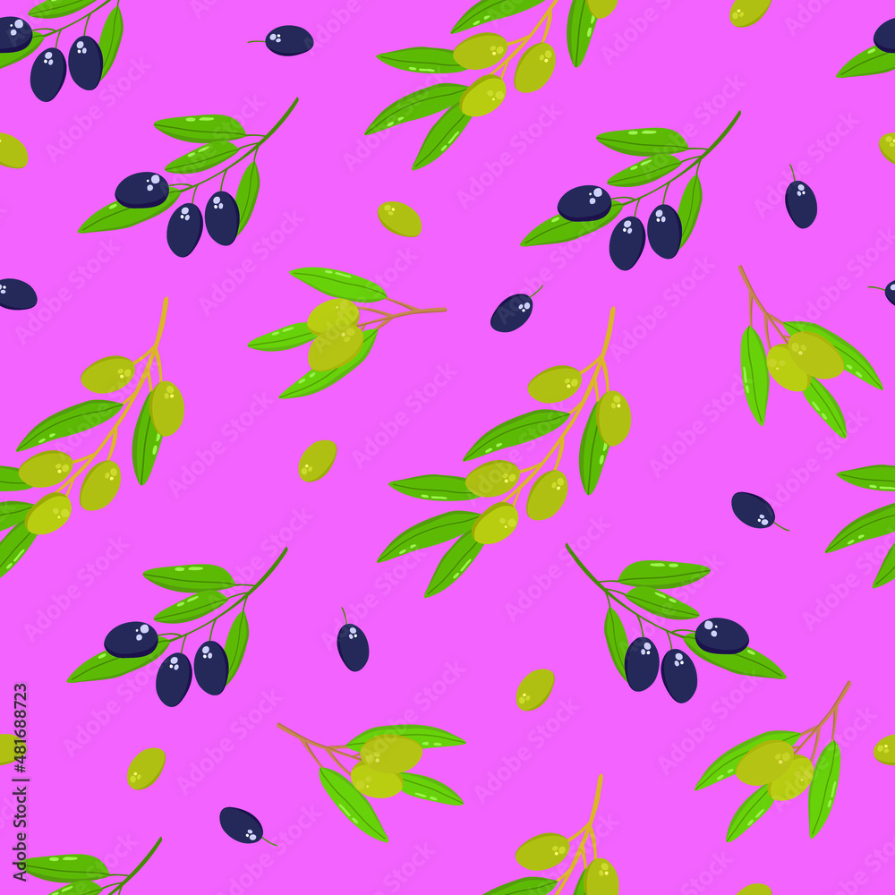 Vector seamless pattern with branches of green and dark olives. Flat cartoon illustration.