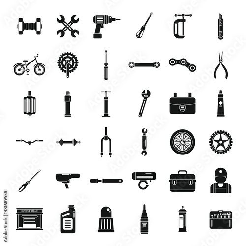 Bicycle repair icons set simple vector. Bike element
