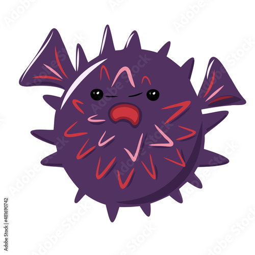 Puffer fish doodle style, blow fish cartoon character isolated on white background, sea balloon fish, flat design with fugu