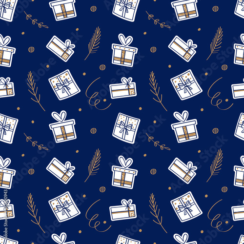 Gift pattern with elements in doodle style. Presents, ribbons, confetti and spruce branches. Vector holiday background. New Year mood.