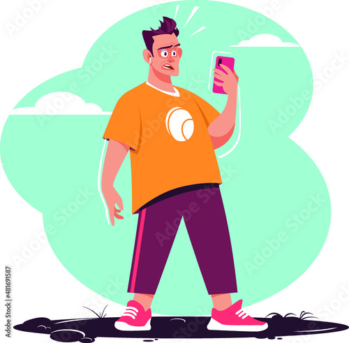 The young guy looks at the cell phone screen with concern and surprise. The man has received an unpleasant message from a friend or girlfriend. Stock vector illustration