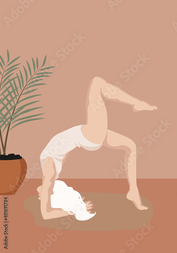 a girl in the style of faceless does yoga