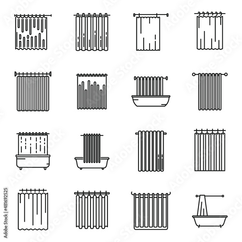 Shower curtain icons set outline vector. Water bathroom