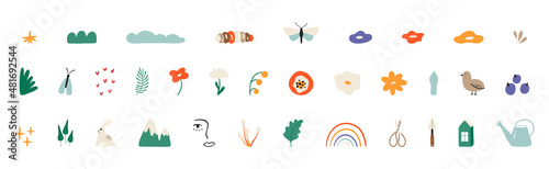 Set of different spring elements. Abstract flowers and plants, butterfly, bird, house, rainbow, mountain, natural and doodles. All elements are isolated.Modern illustrations on the theme of springtime