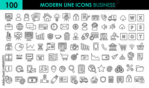 Set 100 modern vector line Icon of Business and Finance. Icons as business people, idea, diagram, basket, global, presentation, goal, work. Outline icons collection. 
