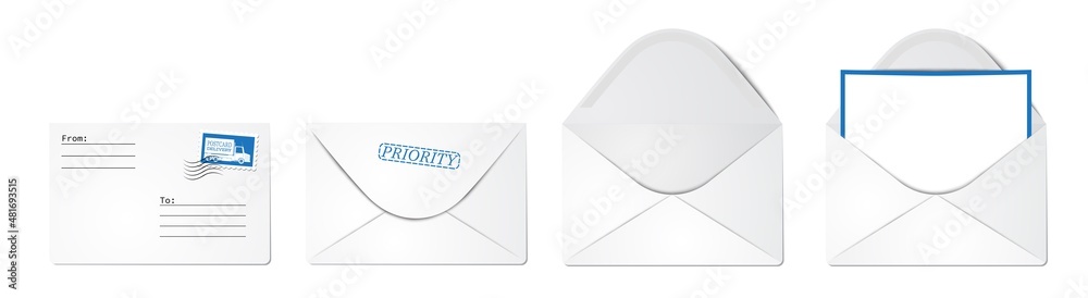 3d envelope vector set. Open, front, back view envelope icons. Creative business message, delivery, post office, email, newsletter, communication illustration set on white background.
3d envelope vector set. Open, front, back view envelope icons. Creative business message, delivery, post office, email, newsletter, communication illustration set on white background.