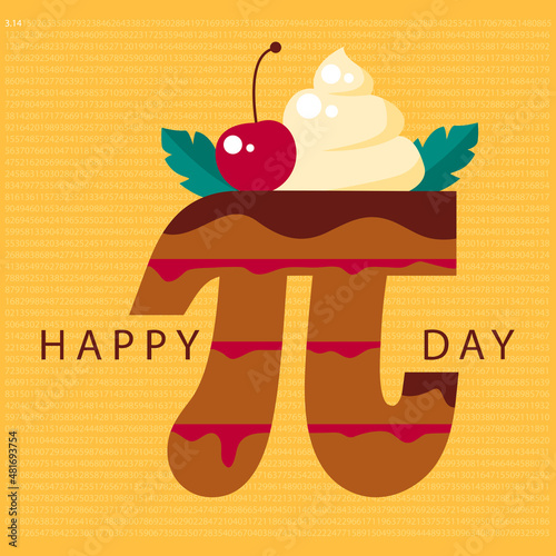 Happy Pi Day! Celebrate Pi Day. Mathematical constant. March 14th (3/14). Ratio of a circle’s circumference to its diameter. Constant number Pi cake.